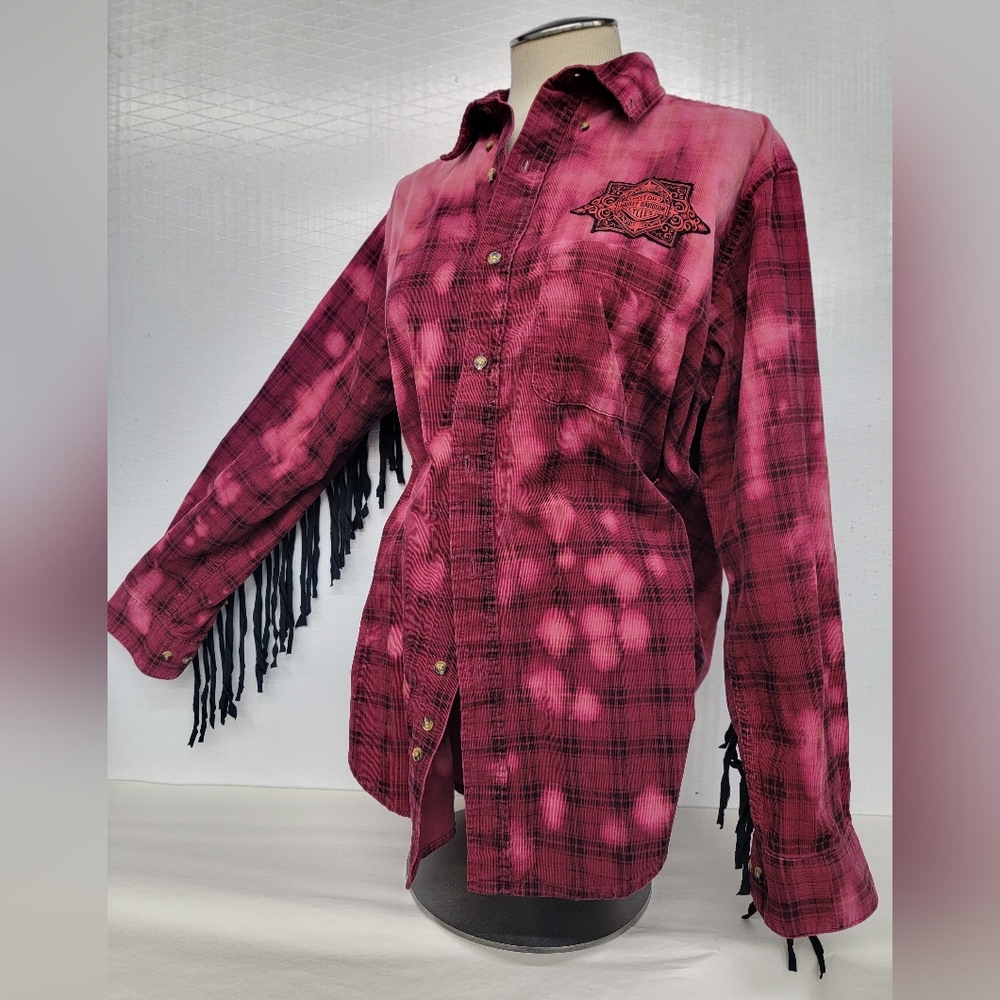 Upcycled Biker Moto Flannel Shirt Shacket Harley Davidson Patch & Fringe - Picture 3 of 13